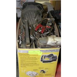 BOX OF ASSORTED HAND TOOLS,KNEE PADS AND MORE