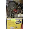 Image 1 : BOX OF ASSORTED HAND TOOLS,KNEE PADS AND MORE