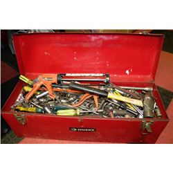 RED TOOL BOX WITH ASSORTED TOOLS AND HARDWARE