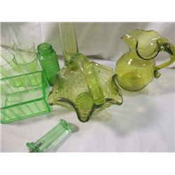 BOX LOT GREEN VASELINE GLASS VINTAGE LOT PITCHER