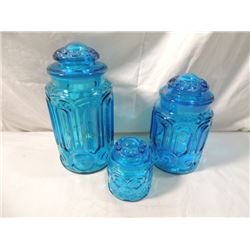 3 PIECE HEAVY BLUE GLASS CANISTER SET