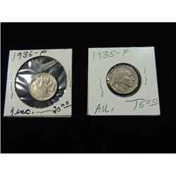 2 BUFFALO NICKELS 1935P AU 1936P UNC