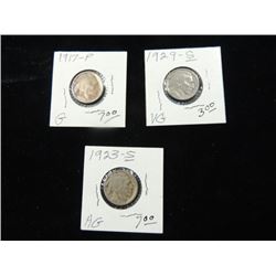 3 BUFFALO NICKELS 1923S AG 1917P G 1929S VG