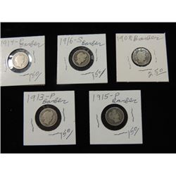 5 BARBER DIMES 1908 1913P 1914P 1915P 1916S