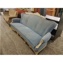 VERY NICE VICTORIAN BLUE VELVET SOFA WOOD TRIM