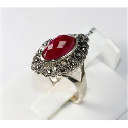 #0036 - STERLING SILVER LAB RUBY RING - 7.1 GRAMS