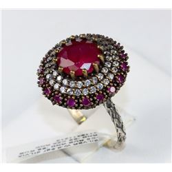 #0023 - STERLING SILVER RUBY & CZ RING - 8.9 GRAMS
