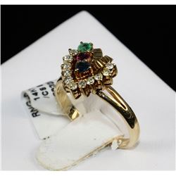 #0702 - 14K YELLOW GOLD EMERALD, GARNET, SAPPHIRE