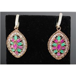 #0016 - STERLING SILVER RUBY & EMERALD EARRINGS