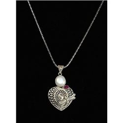 #0071 - 18" STERLING SILVER PEARL & RUBY PENDANT &