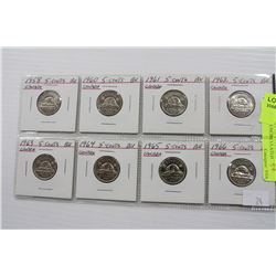 1958-1966 SET OF 8 CANADA  BRILLIANT UNCIR. 5 CENT