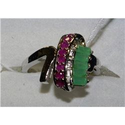 NATURAL RUBY & EMERALD RING .925 SILVER SIZE 7