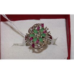 NATURAL RUBY,EMERALD AND CZ RING .925 SIZE 5.5