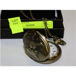 BRONZE POCKET WATCH WITH EAGLE FACE & LONG CHAIN