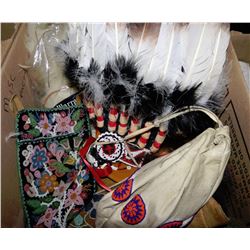 BOX OF ESTATE MISC. INCLUDES NATIVE HEAD DRESS