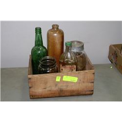 WOODEN ORANGE BOX W/ VINTAGE BOTTLES & JARS