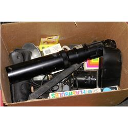 BOX WITH VINTAGE CAMERA EQUIPMENT