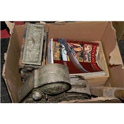 BOX OF VINTAGE MAGAZINES & WOODEN PADDLE