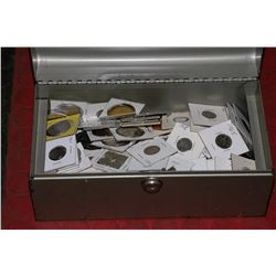 METAL BOX WITH ASSORTED CANADIAN & WORLD COINS