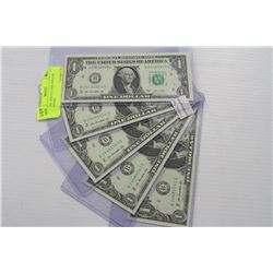 FIVE UNC 2013 U.S. ONE DOLLAR BANKNOTES