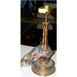 VINTAGE LAMP & BRASS PLATE ,6 EGG CUPS,AND VASE