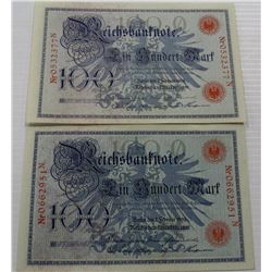 TWO UNC GERMAN 1908 100 MARK BANKNOTES