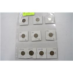 SHEET WITH 10-5CENT COINS INCLUDING 1930-1939