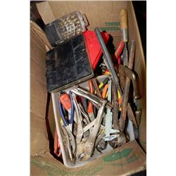 BOX WITH VISE GRIPS,CLAMPS,FILES,DRILL BITS & MORE