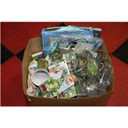 BOX OF ORNAMENTS INCL.FROGS,CANDLES,STAINGLASS &