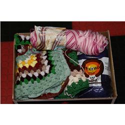 BOX FULL OF KNITTING WOOL & SIX PIECES OF KNIT