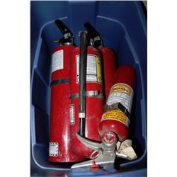 BLUE BIN W/4 FIRE EXTINGUISHERS