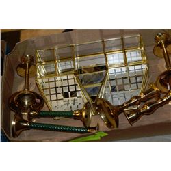 FLAT WITH BRASS GLASS DISPLAY & CANDLESTICKS