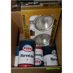 BOX OF VINTAGE ESSO CANS AND RALLY LAMP KIT
