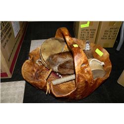 CARVED WOOD BASKET WITH NATIVE INSTRUMENTS