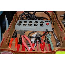 TRAY WITH BELKIN 10 OUTLET BOX,FENCING PLIERS,