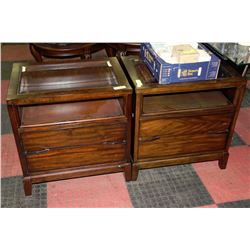 SHOWHOME PAIR OF WOOD GLASS TOP 2 DRAWER NIGHT