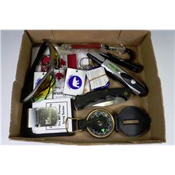 BOX W/COMPASS, KNIFE, MONEY CLIP, ETC.