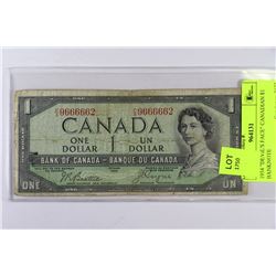 1954 "DEVIL'S FACE" CANADIAN $1 BANKNOTE