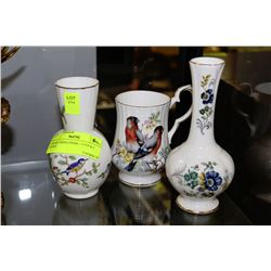 3 BONE CHINA ITEMS - 1 CUP & 2 VASES