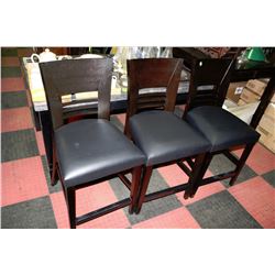 SET OF 3 WOOD AND BLACK LEATHERETTE BAR STOOLS
