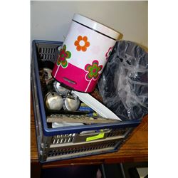 CRATE OF MISC INCLUDING SMALL GARBAGE CAN, MIRROR,