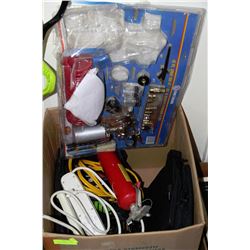 BOX WITH ASSORTED TOOLS, CABLES,TOOL BAG,FIRE