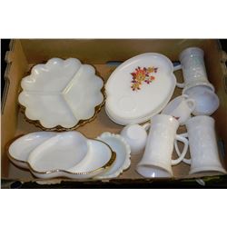 LARGE FLAT OF MILKGLASS PIECES & CARNIVAL STEIN
