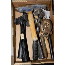 TRAY WITH CEMENT HAMMERS,HATCHETS ETC