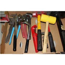TRAY OF RUBBER MALLETS,PIPE BENDER,PLIERS & MORE