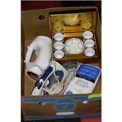 BOX WITH MIXER,IRON AND 12 PCS CUP AND SAUCERS