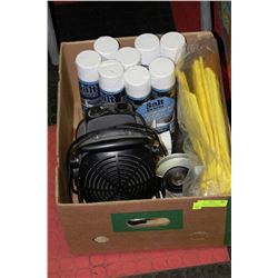 BOX WITH CANS OF SALT ERASER,RAIN GEAR,HEATER,