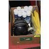 Image 1 : BOX WITH CANS OF SALT ERASER,RAIN GEAR,HEATER,