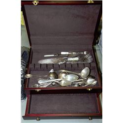 SILVERWARE CHEST WITH ASSORTED UTENSILS