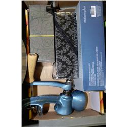 BOX OF MISC WITH CHEESE BOARD,GRINDER,2 TEA CUP